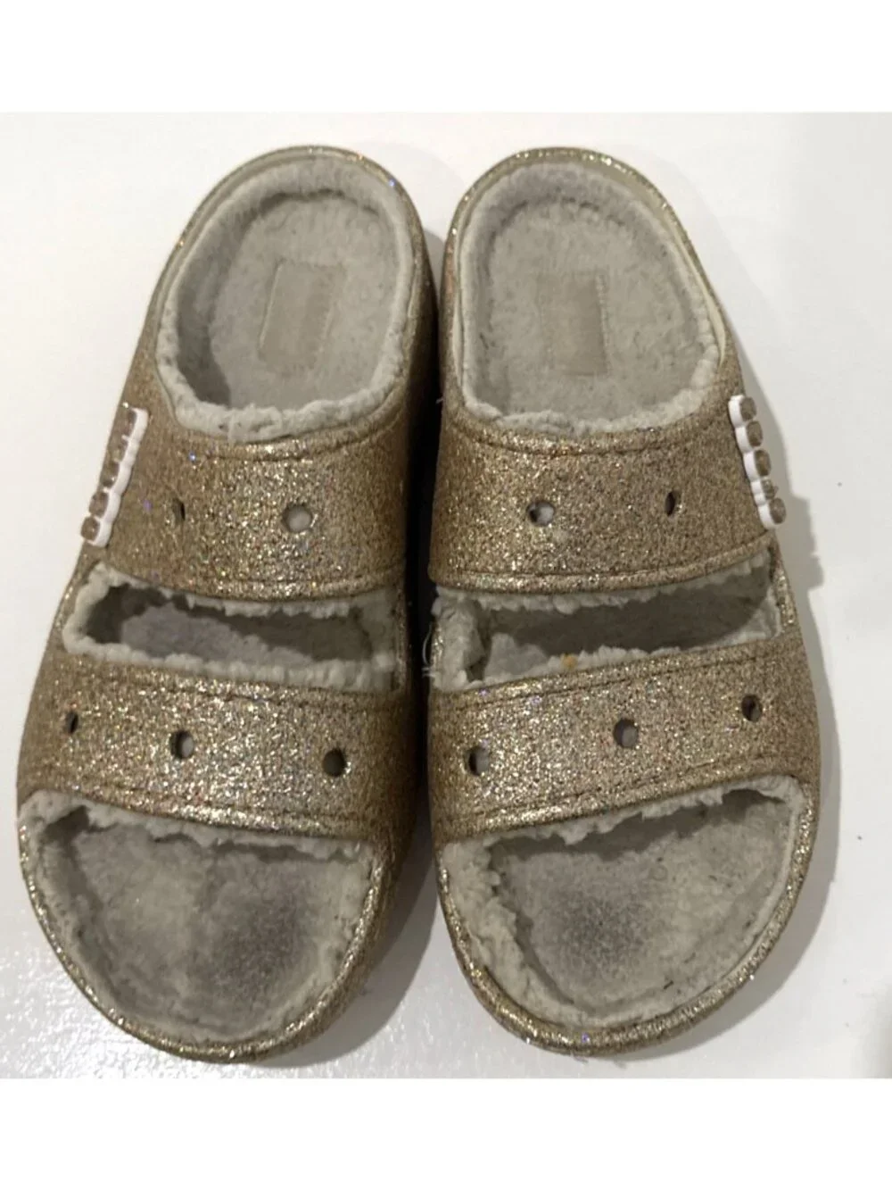 Crocs Gold Glitter Fuzzy Lined Slip On 2 Strap Sandal Slides Mens 9 Womens 11